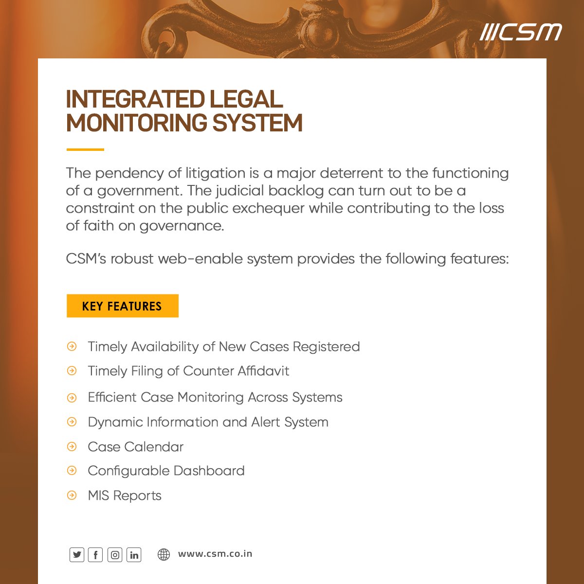 CSMTechnologies's tweet photo. Fast tracking litigation processes with tech can help mitigate the pendency in our legal system. Read more to know more about CSM’s robust web-enabled Legal Monitoring System here: https://t.co/ytBuTTEPow
#legalmonitoring #govtech #digitaltransformation https://t.co/E2GLWEBKng