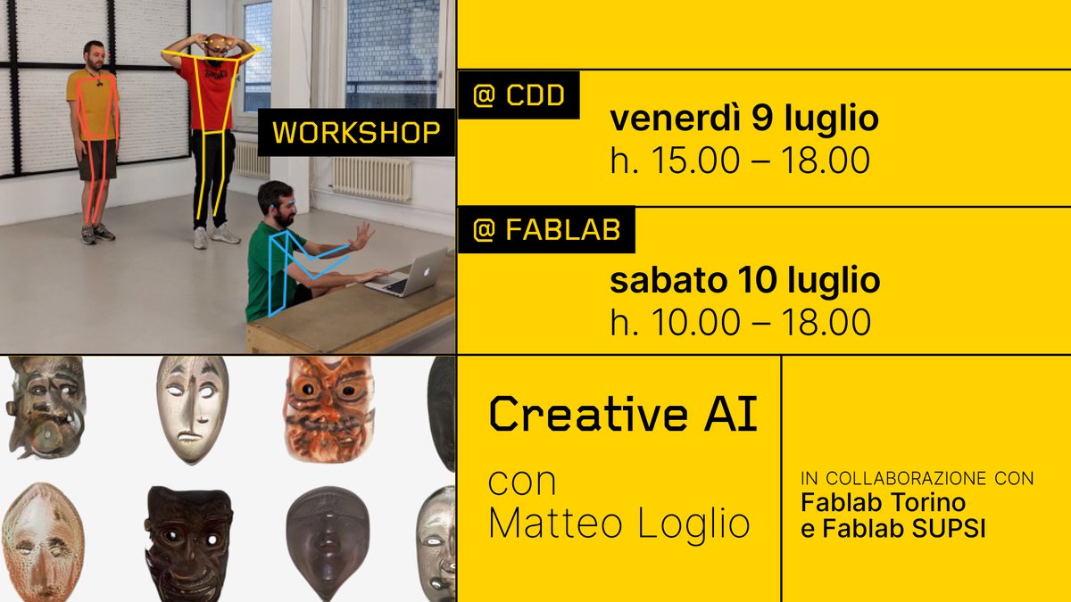 #CreativeAI with <a href="/oiostudio/">oio studio</a> <a href="/mttlgl/">matlo</a> 9-10 June. Another great #workshop of the #humazingtechnologies series in collaboration with <a href="/Fablabtorino/">Fablab Torino</a> <a href="/CdD_torino/">Circolo del Design</a>. Last places available.