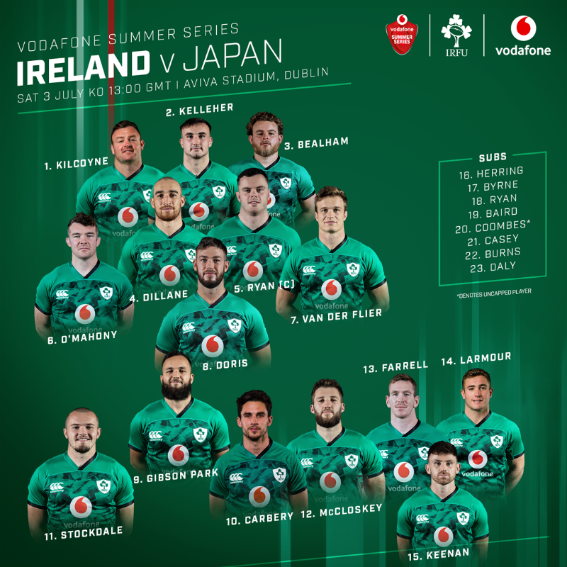 IrishRugby's tweet photo. #TeamOfUs 

🤩 James Ryan will captain Ireland for Saturday's clash against @JRFURugby at @avivastadium, with Gavin Coombes in line for his Test debut off the bench 🟢

#ShoulderToShoulder #IrishRugby #VodafoneSummerSeries #IREvJPN