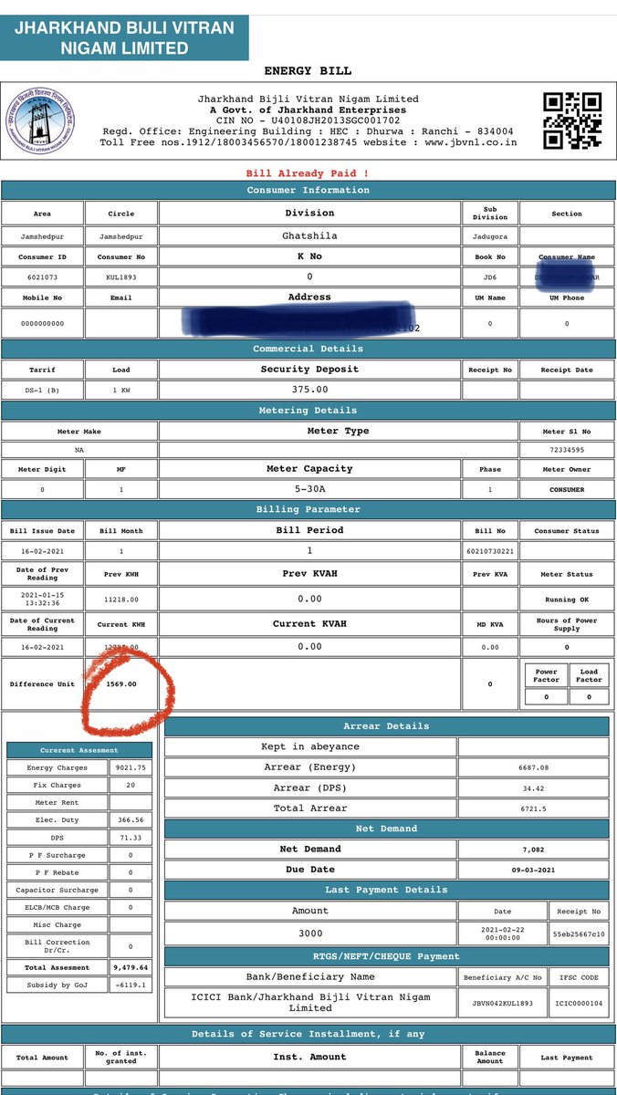 imdevashishk's tweet image. Approx 4000 unit bills in two different phase in the single house in single month of February.Application has been given twice to electricity office Jadugoda Jamshedpur but no action has been taken to investigate the load settings. please check the reason for so much units
