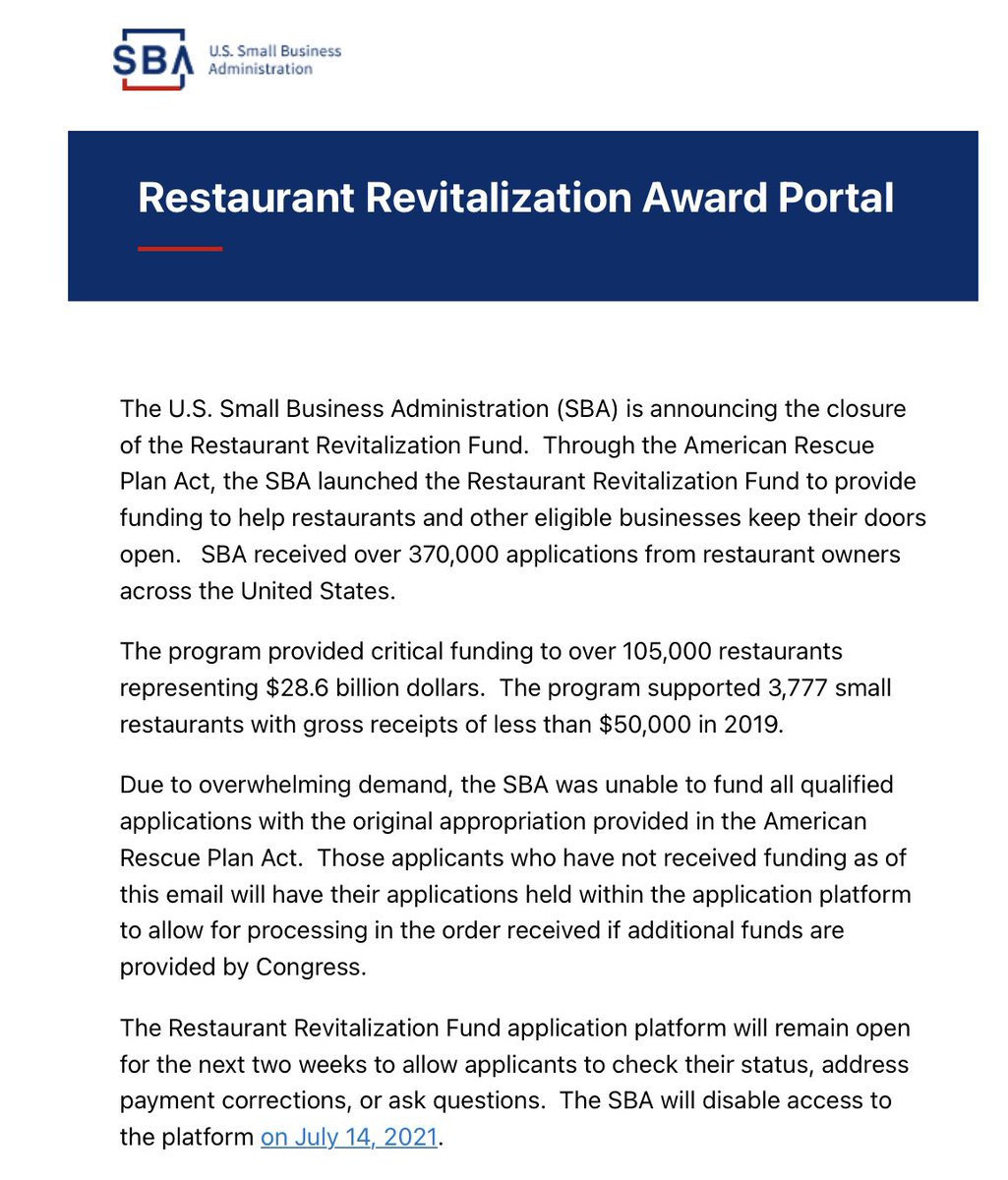 AndrewRigie's tweet image. It’s official👇🏻the Restaurant Revitalization Fund closed with more than 260,000 restaurants that were relying on this critically important aid being locked out. Just because restaurants are open, doesn’t mean everything is OK. The federal government much replenish the fund now!