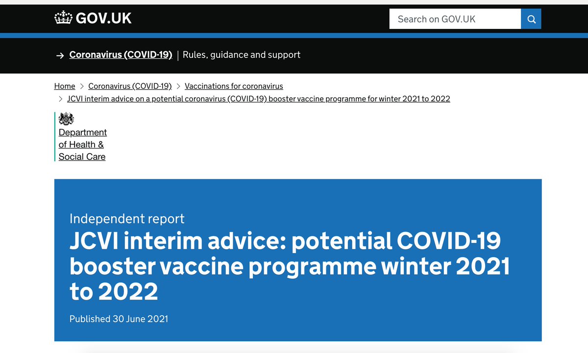 The UK *may* offer booster #COVID19 vaccines to those >50 yrs &amp; other select populations at risk of severe disease this fall.

(They add: "The following precautionary advice is interim &amp; may be subject to substantial change before being finalised.")

Link: bit.ly/3ya7FAk