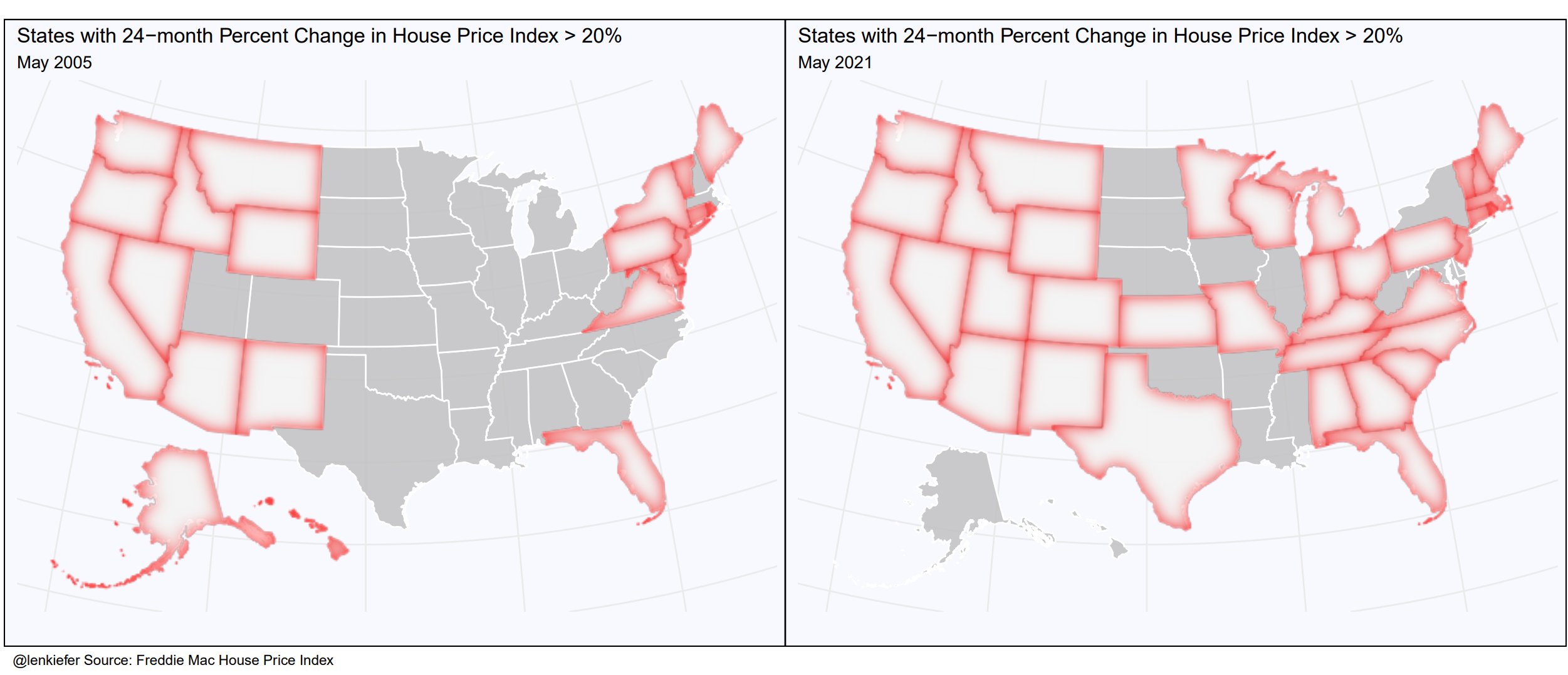 Map comparing states with 2-year house price growth in excess of 20% May 2005 vs May 2021