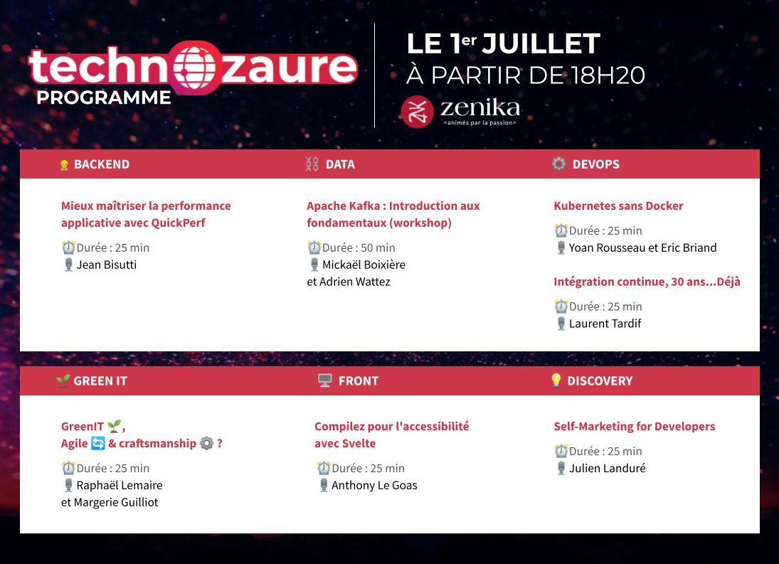 DuguaMarine's tweet image. [WARNING] Ce soir c'est la Best of TechnoZaure by @ZenikaIT ! 
On va parler #QuickPerf, #ApacheKafka, #Kubernetes, #GreenIT, #Svelte, #intégrationcontinue et #Craftsmanship 
Pour s'inscrire, c'est par ici👉eventbrite.fr/e/billets-best…