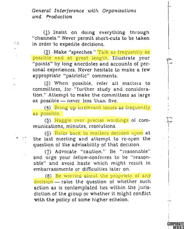 Apparently this is from a CIA guide to disrupting Leftist meetings. Isn't this just a standard academic meeting? 😉