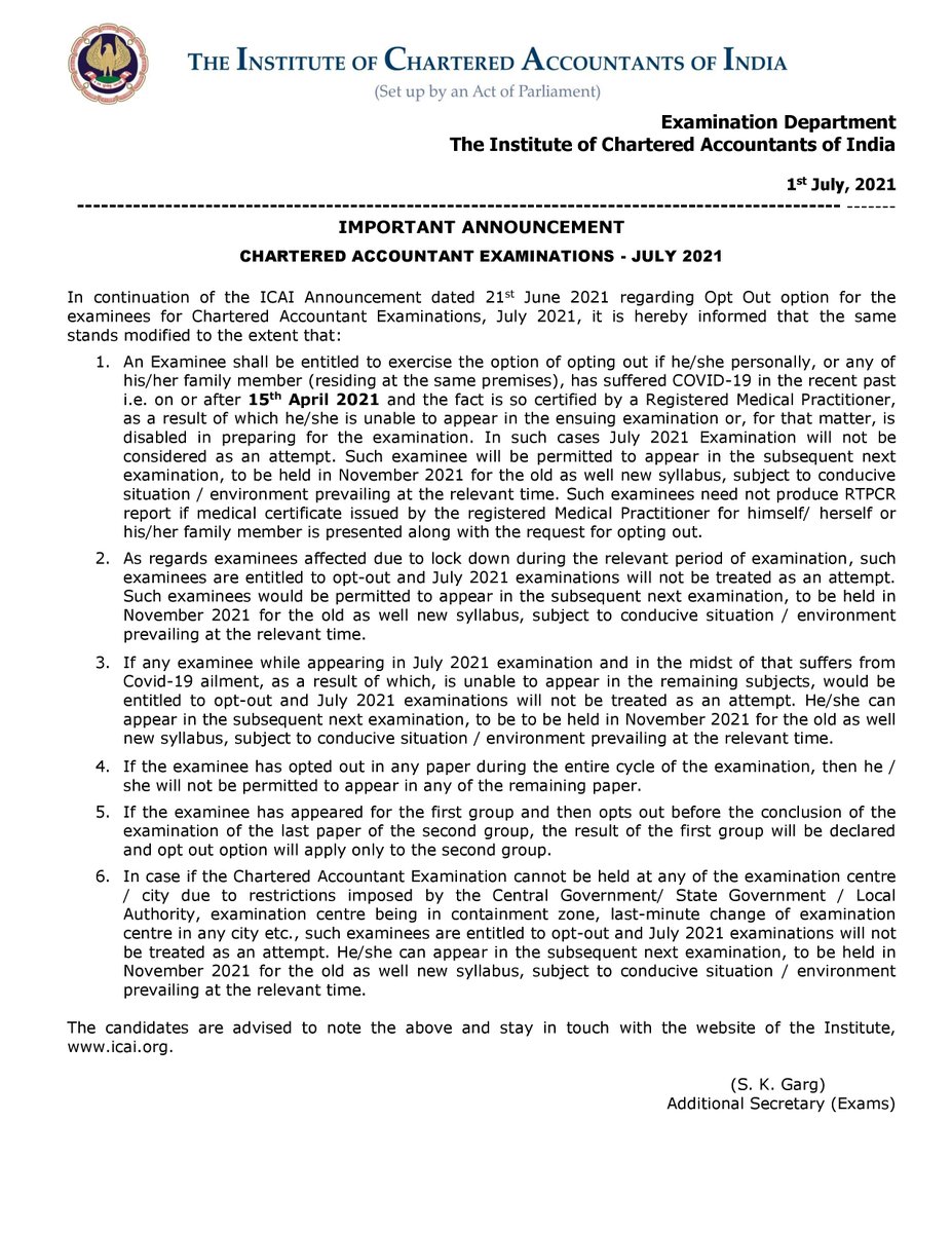 theicai's tweet photo. Important Announcement regarding ICAI Chartered Accountancy Examination - July 2021 - Modification in Details regarding Opt Out option being provided to Candidates. https://t.co/qlJzhNDmeY