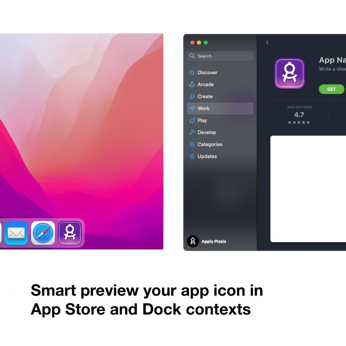 applypixels's tweet image. Need to make a new icon for macOS Monterey?

Our new macOS Monterry App Icon Template is now live!

🖥 Create all app icons from a single size
📄 Generate a costume document icon
🆕 Preview in  Monterey contextual screenshots

For Photoshop, Sketch &amp;amp; Figma
applypixels.com/resource/macOS…