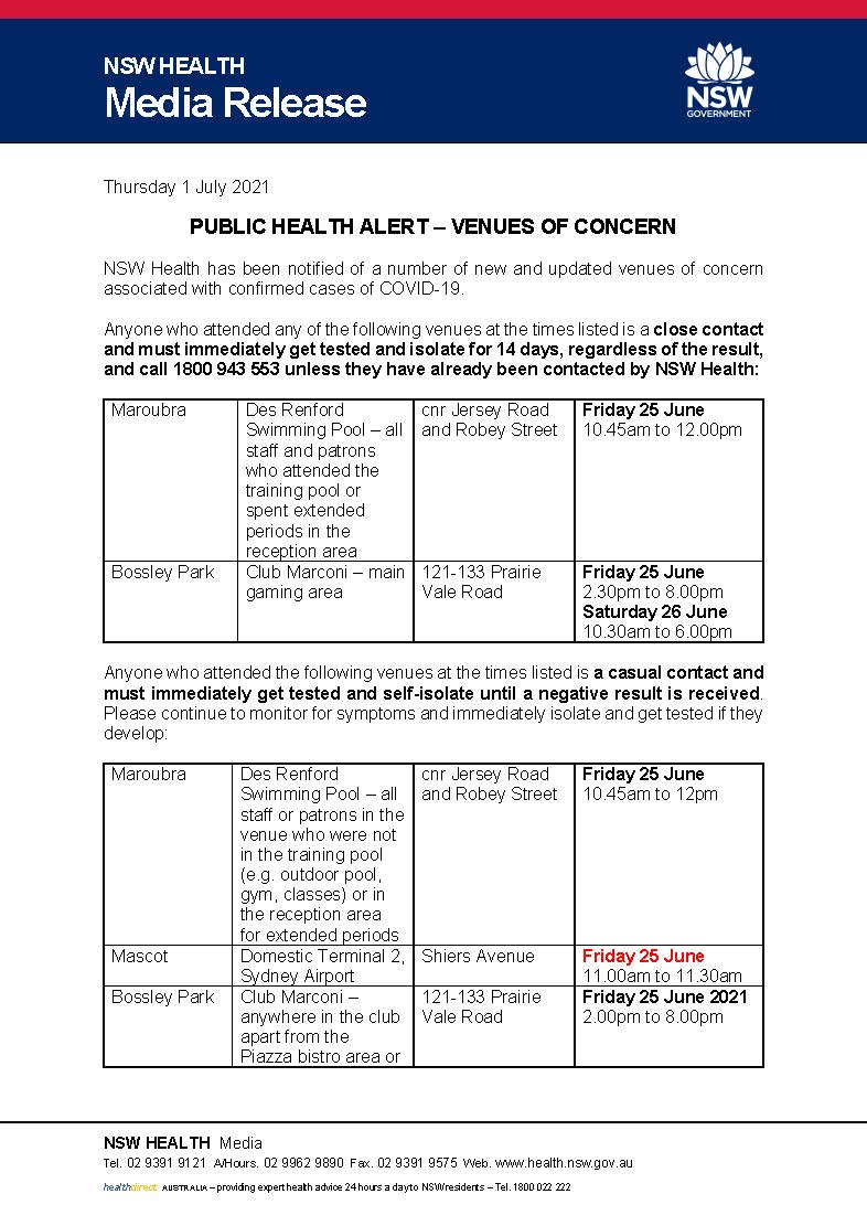 NSWHealth's tweet image. ⚠️*RE-ISSUE* PUBLIC HEALTH ALERT - VENUES OF CONCERN⚠️

*Please note update to exposure at Sydney Airport in red.*
