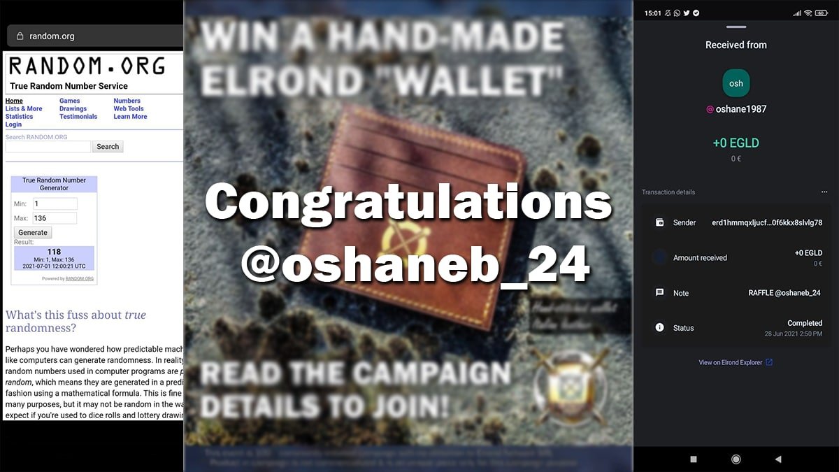 Congratulations $eGLD Warrior oshane1987 for winning this wonderful handcrafted Wallet. May it be with you for many years to come, it will likely outlast fiat :)