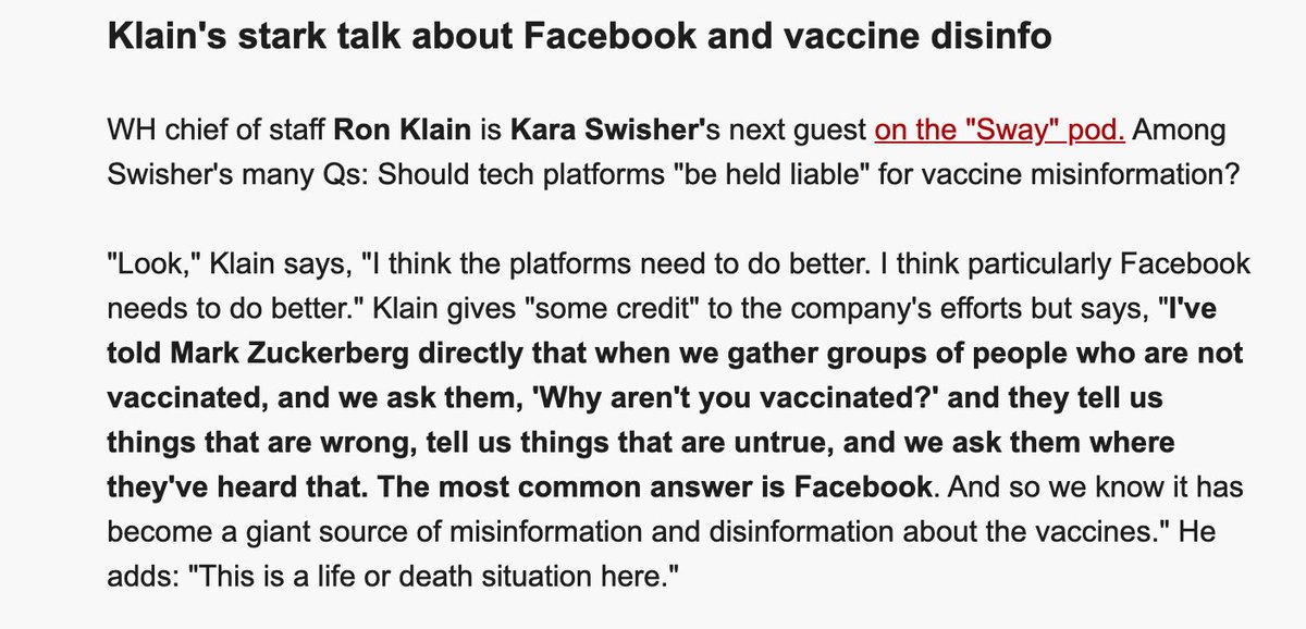 JesseLehrich's tweet image. RON KLAIN to @karaswisher:

"I've told Mark Zuckerberg directly that when we [ask unvaccinated people] 'Why aren't you vaccinated?' and they tell us things that are wrong... and we ask them where they've heard that. The most common answer is Facebook."
nytimes.com/2021/07/01/opi…
