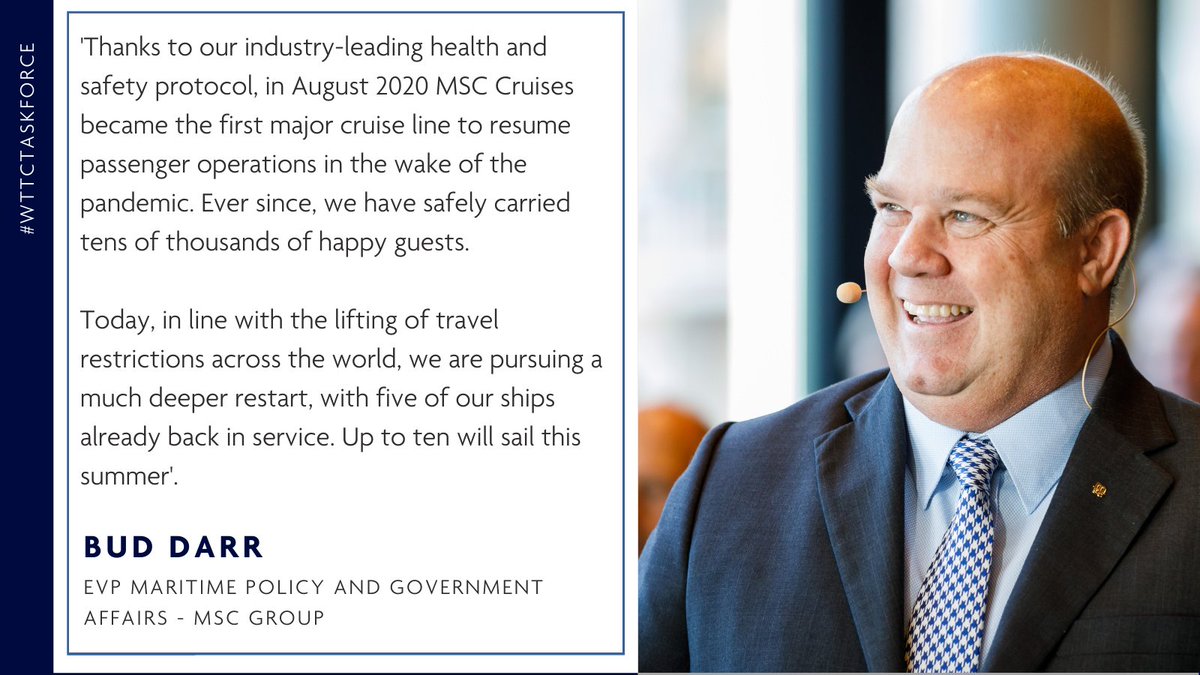 WTTC's tweet photo. Today at #WTTCTaskforce call, Bud Darr - MSC Group EVP Maritime Policy and Government Affairs talked about the recovery of the cruise industry, the future and how they faced this difficult situation.
@MSC_Cruises_UK #TravelRecovery #Cruises #TravelandTourism https://t.co/GJt5X3CESD