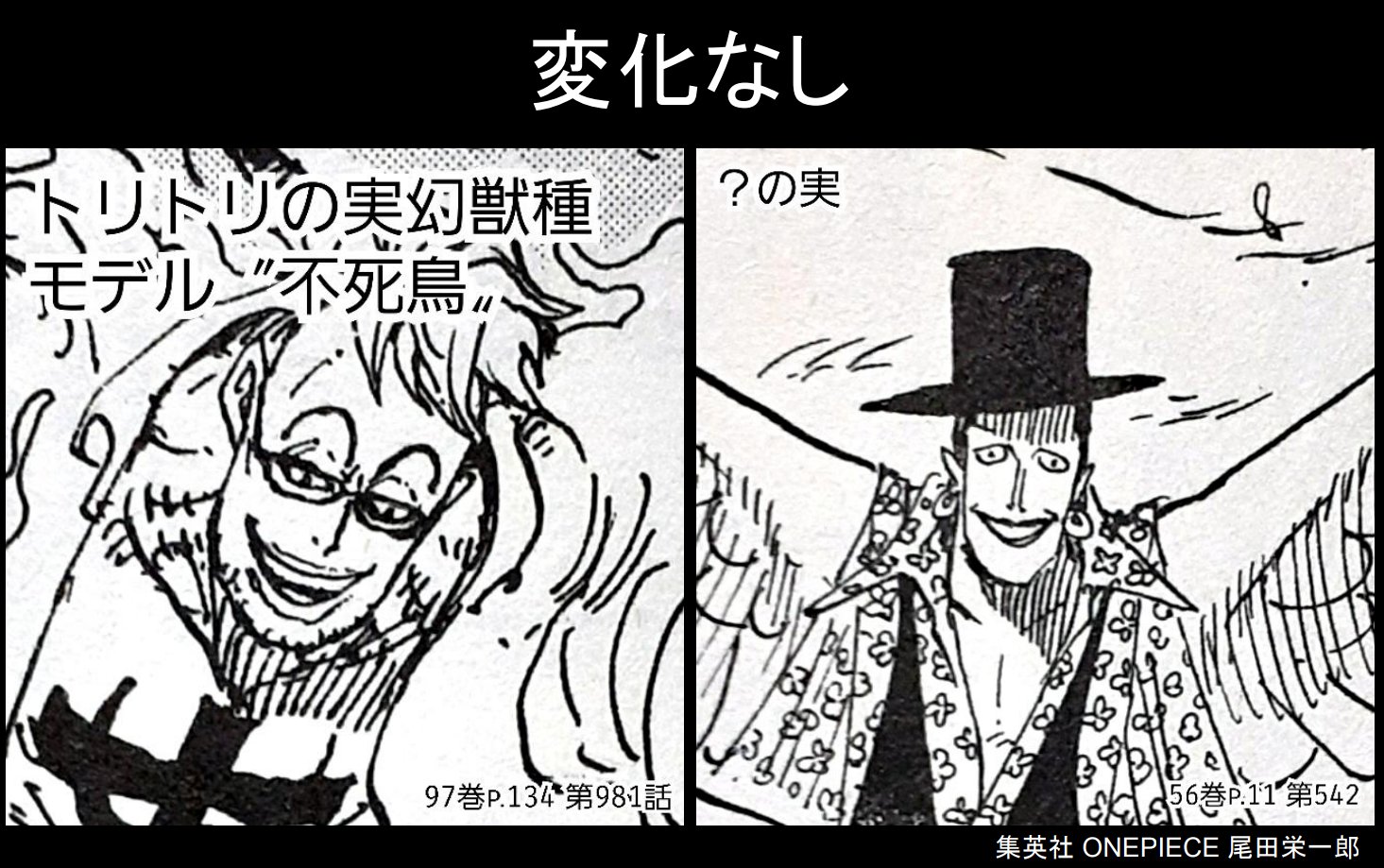 たかたか ゾオンの人獣型の首から上はプロレスラーのマスクをつけた様な見た目になり 部分的に獣姿になる 中にはボア姉妹やマルコなどマスクが無い場合もある フーズ フーは今までにない新パターンで 口 顎 牙 肌など完全に獣型になっている 今週