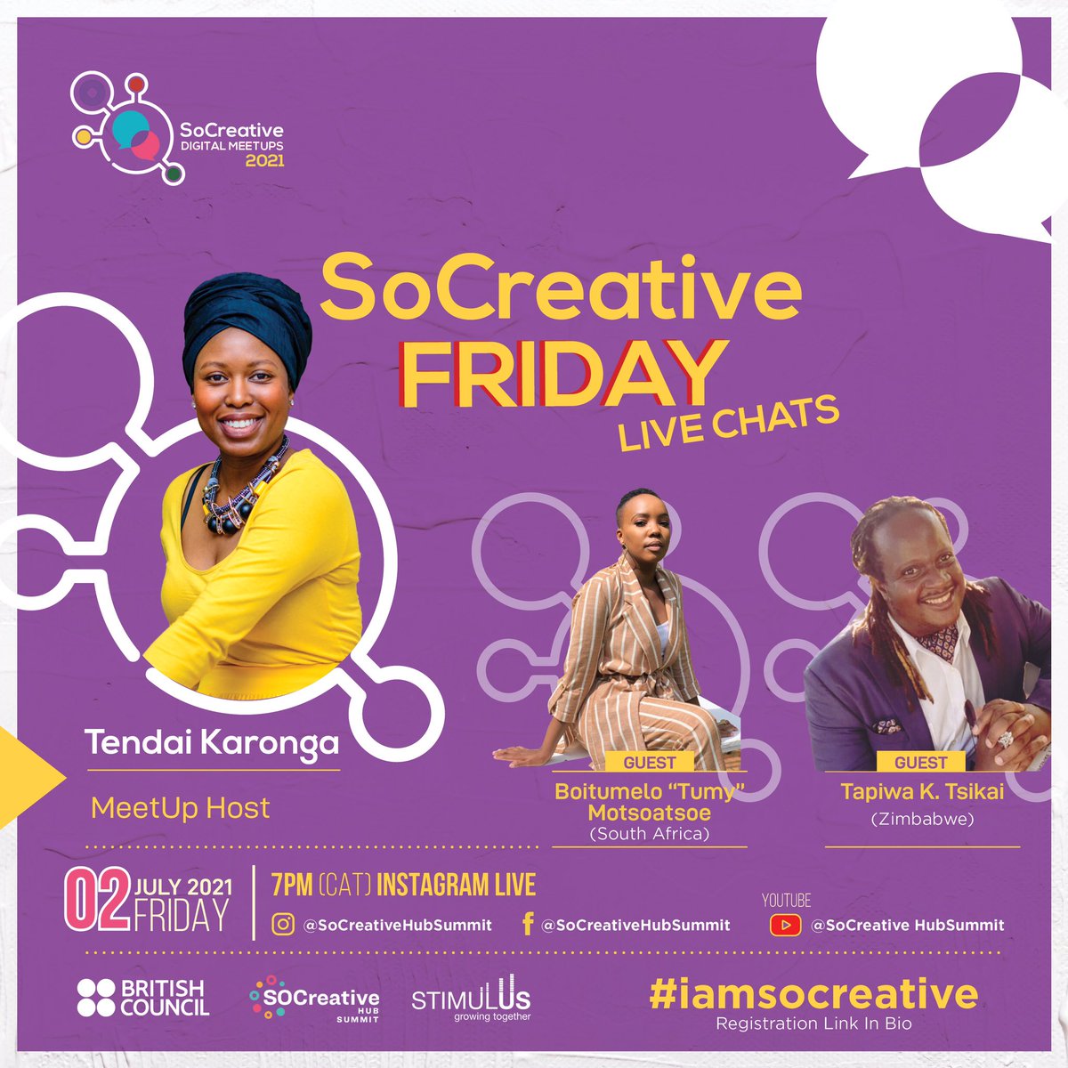 It's almost that time of the week again and this time around the conversation is going to be available across all our social media platforms! Save the date and tell a friend to join in! 

@socreativehubsummit  <a href="/zwBritish/">British Council</a> <a href="/zmBritish/">BritishCouncilZambia</a> @zmbritish

#iamSocreative #IamSocreative2021
