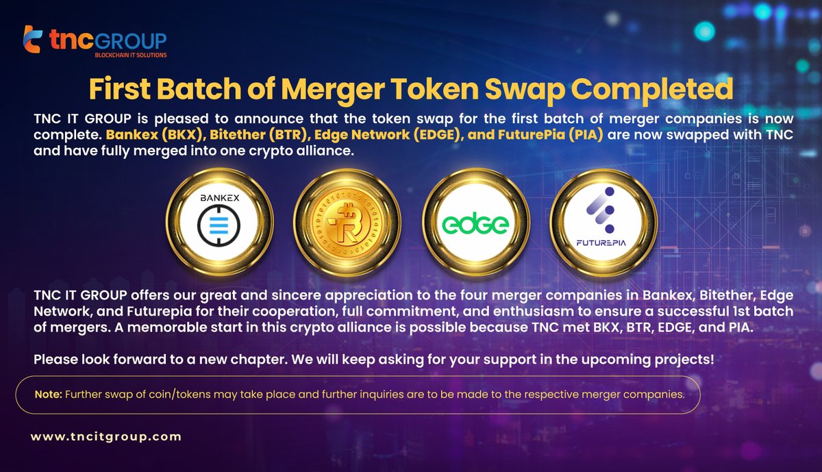 📣TNC IT GROUP is pleased to announce that the token swap for the first  batch of 🤝merger companies is now complete. Bankex (BKX), Bitether (BTR),  Edge Network (EDGE), and FuturePia (PIA) are