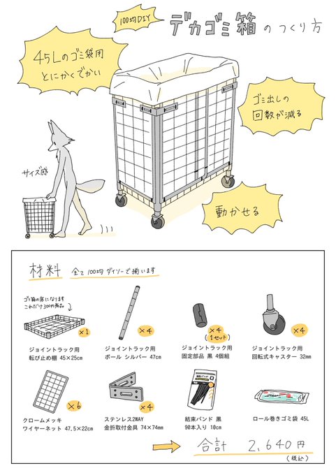 【デカゴミ箱の作り方】
色々と描きましたが要はひたすら結束バンドで固定していくだけで作れます
 #100均DIY https://t.co/a4IiMfDiYu 