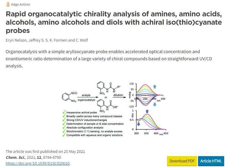 TheWolfPackGU's tweet photo. See how Eryn ( @ErynLNelson )and Jeffrey use organocatalysis to achieve rapid chirality sensing. This work was recently published in @ChemicalScience #realtimechem #chemtwitter #hoyachem #organocatalysis @GUChemistry https://t.co/ZWt43X6w1b https://t.co/J1n8U1iU4L