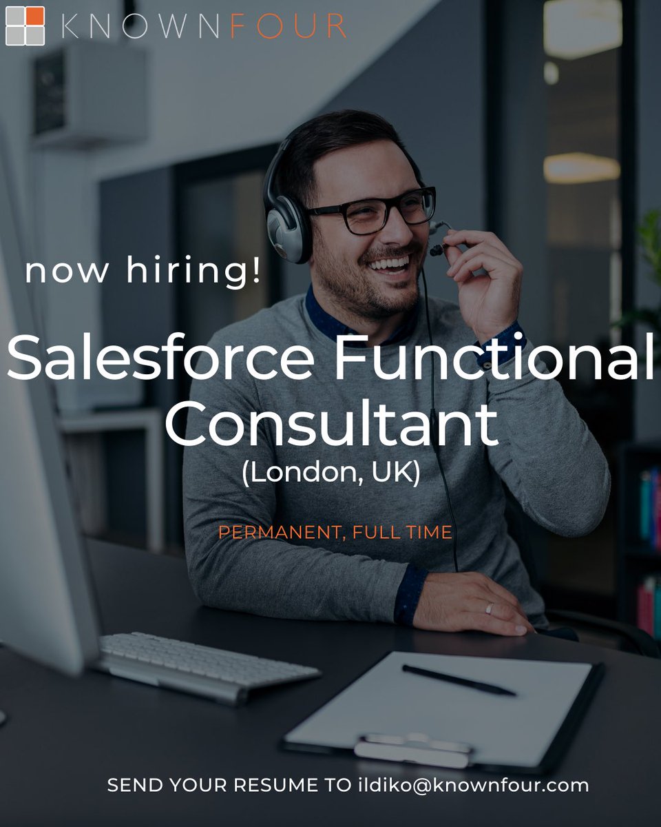 Now hiring!

For more details and other open Salesforce roles: reed.co.uk/jobs/knownfour…

OR

send an email to ildiko@knownfour.com

#KnownFour #salesforce #hiring #crm #nowhiring #jobs #consulting #recruiting #talentacquisition #customerexperience #recruitment #employeeexperience