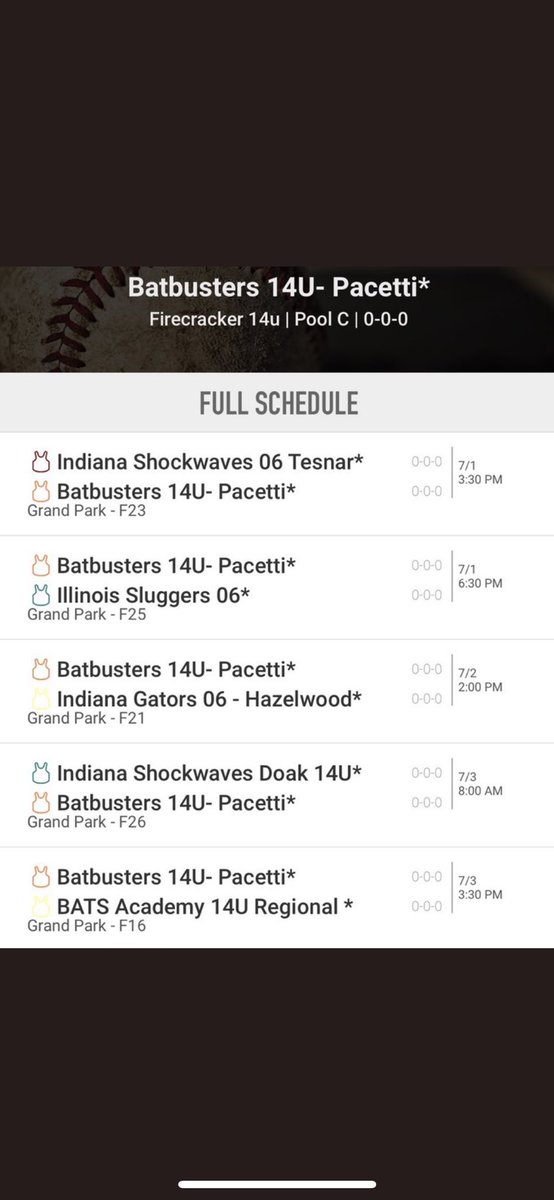 Here’s our schedule for the Firecracker Showcase this week in Indy! Go bats @BatbustersChi06 <a href="/PacettiJim/">Jim Pacetti</a> <a href="/bick_coach/">Coach Bick</a>