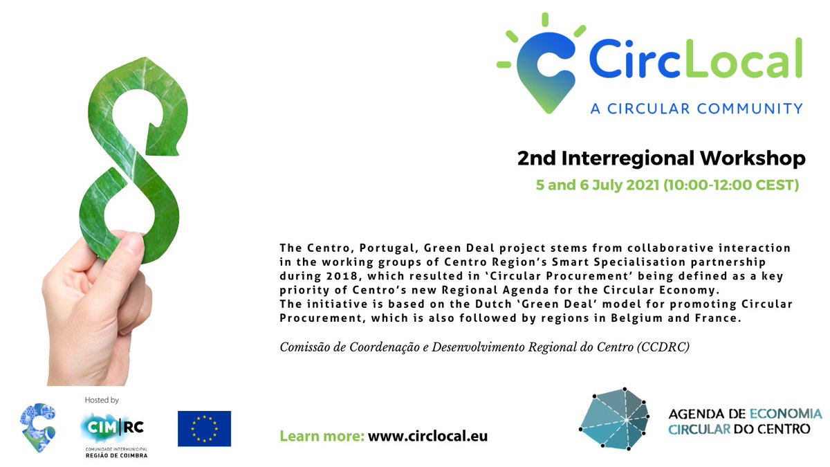CircLocal's tweet image. 📢 Circlocal 2nd Interregional Workshop, 5-6 July, 10 CET
Good practices shaping the #circulareconomy will be presented at our 2nd Interregional Workshop. Discover inspiring initiatives in circular procurement implemented by Coimbra (PT).
Register here: lnkd.in/dVZbnpy
