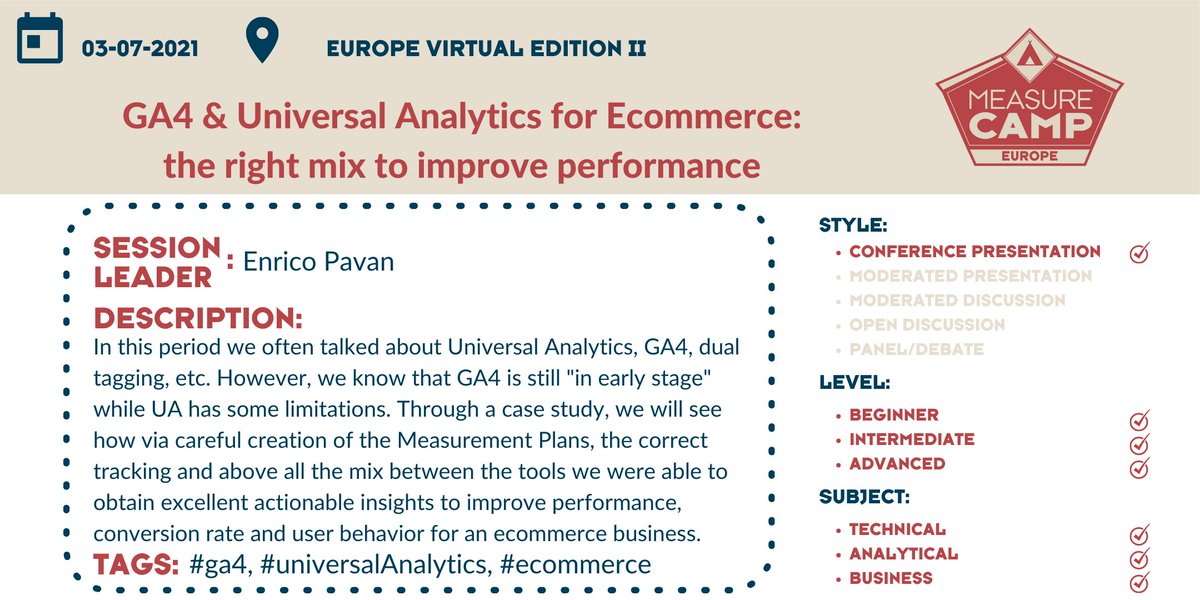 New #MeasureCamp Europe session submission from <a href="/IndioImperator/">Enrico Pavan</a> and the second GA4 related. This will focus on Ecommerce and is a practical case study showing how top results can be achieved. Submit your session now at docs.google.com/forms/d/e/1FAI…