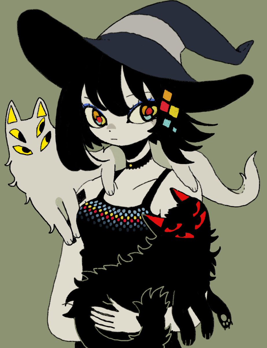 1girl hat black hair witch hat yellow sclera holding animal solo  illustration images