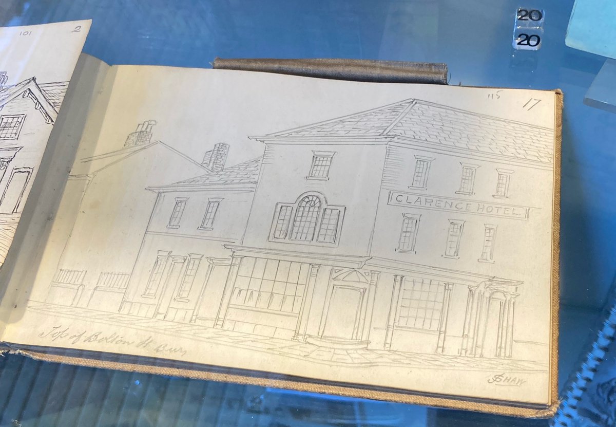 BuryArtMuseum's tweet photo. This sketchbook by Bury artist James 'Clock' Shaw contains sketches of Bury, like these drawings of the old Market Place and the Clarence Hotel.

The sketchbook is currently displayed in our 'Spirit of a Place' exhibition along with more of his work!

#DrawingFromTheCollection https://t.co/j280NPyQGC