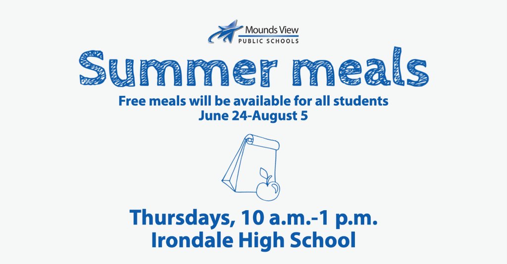 Free meals will continue to be available to all students during summer school, including students not participating in programming. Meal pick-up is available today (Thursday, July 1) from 10 a.m.-1 p.m. at Irondale High School.

More information at: https://www.moundsviewschools.