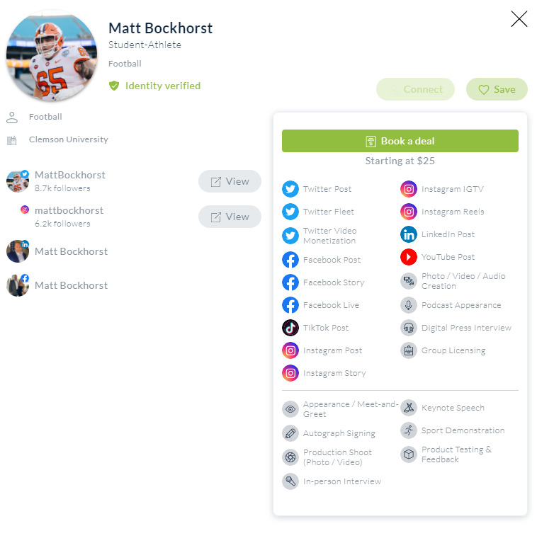 MMInvestigates's tweet photo. Clemson was one of the first schools to partner with @opendorse years ago as we reported here: https://t.co/Zwpskqegpq

Here is what current offensive lineman @MattBockhorst's profile looks like on the site now... https://t.co/1GfA4KnK56