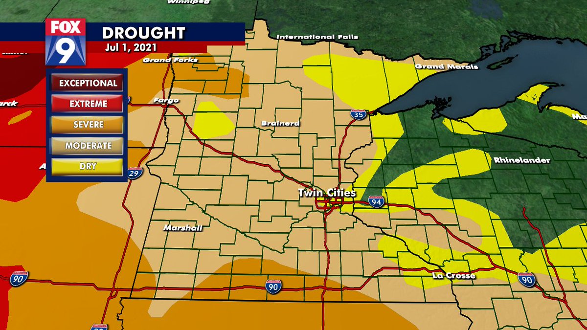 New drought monitor is out for Minnesota this morning and you'll notice very little change overall. Most areas experienced at least a little rain in the last week likely preventing us from expanding any further. However, with more hot & dry weather coming, it's gonna get worse https://t.co/G59H9Rr4Vd