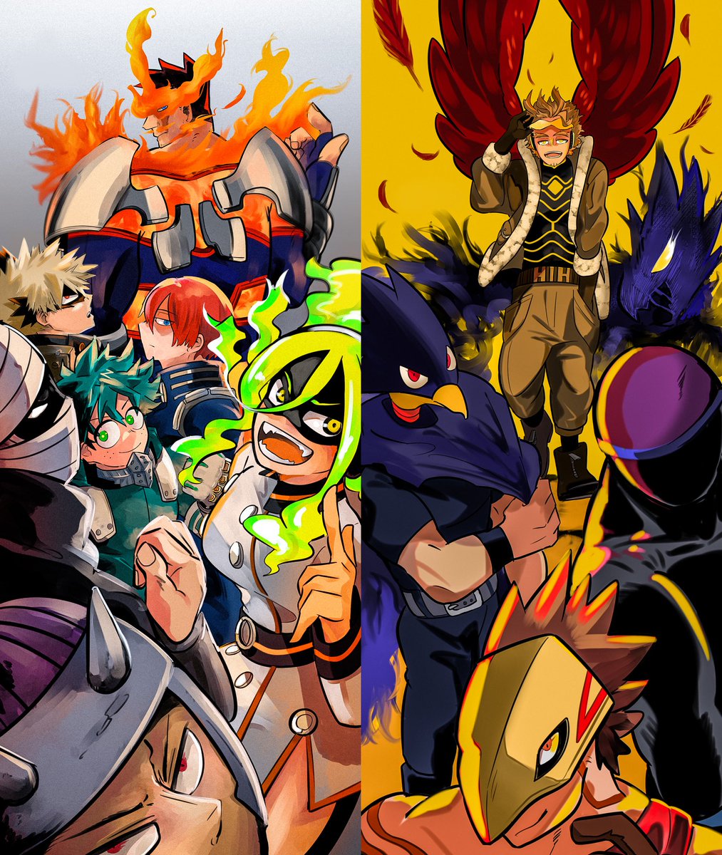 endeavor (boku no hero academia) ,hawks (boku no hero academia) ,todoroki shouto multiple boys scar scar on face burn scar green hair red hair blonde hair  illustration images