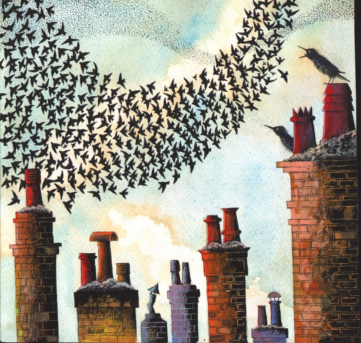 Starlings...#murmuration #starlings #birds #illustration #picturebookillustrations #kidlitart #ChildrensBooks #greetingcards