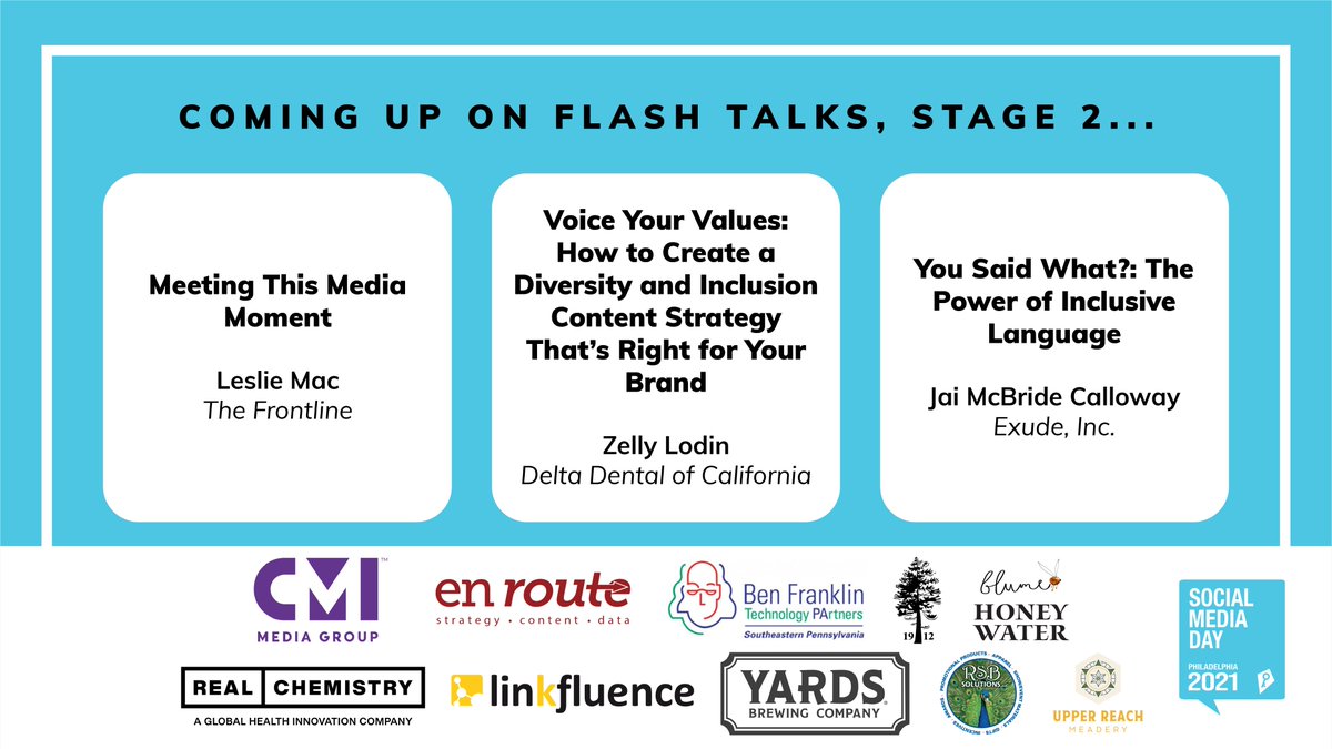Social Media Day PHL (@smdayphl) on Twitter photo Up next on Stage 2 is our âDiversity & Inclusionâ Flash Talk with <a href="/LeslieMac/">Leslie Mac</a> of <a href="/WeJoinFrontline/">The Frontline</a>, <a href="/zellylodin/">Zelly</a> of <a href="/DeltaDentalins/">Delta Dental Insurance Company</a>, and Jai McBride-Calloway of <a href="/Exudeinc/">Exude, Inc.</a>! #SMDayPHL Up next on Stage 2 is our âDiversity & Inclusionâ Flash Talk with <a href="/LeslieMac/">Leslie Mac</a> of <a href="/WeJoinFrontline/">The Frontline</a>, <a href="/zellylodin/">Zelly</a> of <a href="/DeltaDentalins/">Delta Dental Insurance Company</a>, and Jai McBride-Calloway of <a href="/Exudeinc/">Exude, Inc.</a>! #SMDayPHL