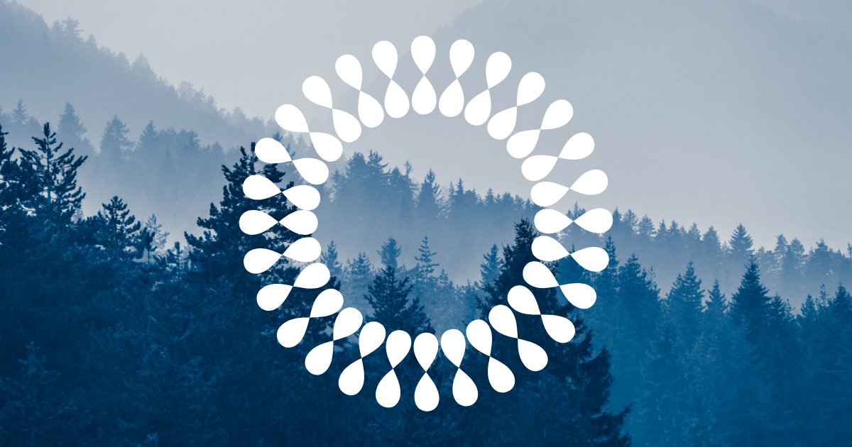 Une forêt boréale en montagne teintée de bleu. Un cercle graphique fait de goutelettes blanches a été placé au centre.