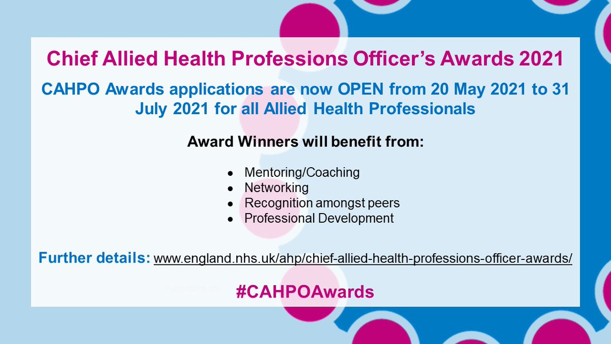 Suzanne Rastrick (@suzannerastrick) on Twitter photo π¨Applications for the #CAHPOAwards close at end of July
Β
πHurry! Apply or nominate hereπengland.nhs.uk/ahp/chief-alliβ¦
Β
πThis year awards take place on #AHPsDay 14 October
Β
Get your planning started by accessing our new #AHPsDay network forum hereπ future.nhs.uk/SeniorAHP/viewβ¦ π¨Applications for the #CAHPOAwards close at end of July
Β
πHurry! Apply or nominate hereπengland.nhs.uk/ahp/chief-alliβ¦
Β
πThis year awards take place on #AHPsDay 14 October
Β
Get your planning started by accessing our new #AHPsDay network forum hereπ future.nhs.uk/SeniorAHP/viewβ¦