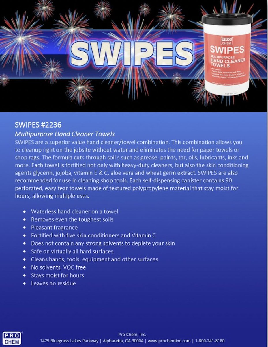 ProChemInc's tweet photo. Need to cleanup right on the job site without water? SWIPES are a superior value hand cleaner/towel combination, eliminating the need for paper towels and shop rags. Call 800-241-8180 or your local sales representative to order your Swipes today! 
https://t.co/IeKEnZkweQ https://t.co/4TvqFZF6H0