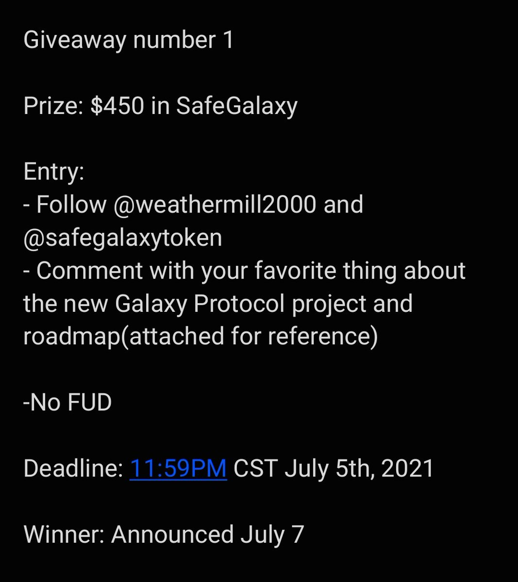 weathermill2000's tweet image. 🔥🔥🔥Giveaway #1🔥🔥🔥

Here are the specifics for the first giveaway. #TeamGalaxy
#galaxyswap #GalaxyProtocol #galaxia #altcoin #giveaway #BSC #BTC @weathermill2000
@SafeGalaxyToken
@GalaxySwapX
