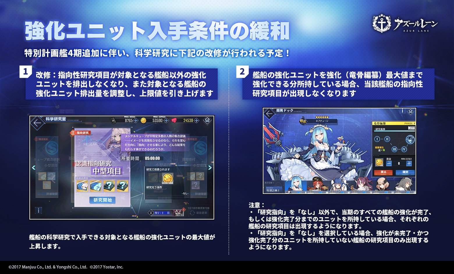アズールレーン公式 お知らせ 特別計画艦 期実装に伴い 下記のコンテンツ追加 仕様改修が行われる予定 新兵任務コンテンツ追加 期 期特別計画艦入手 強化条件を緩和 科学研究室 指向研究 出現仕様を改修 詳細は 画像にてご確認 アズールレーン公式 お知らせ 特別計画艦 期実装に伴い 下記のコンテンツ追加 仕様改修が行われる予定 新兵任務コンテンツ追加 期 期特別計画艦入手 強化条件を緩和 科学研究室 指向研究 出現仕様を改修 詳細は 画像にてご確認