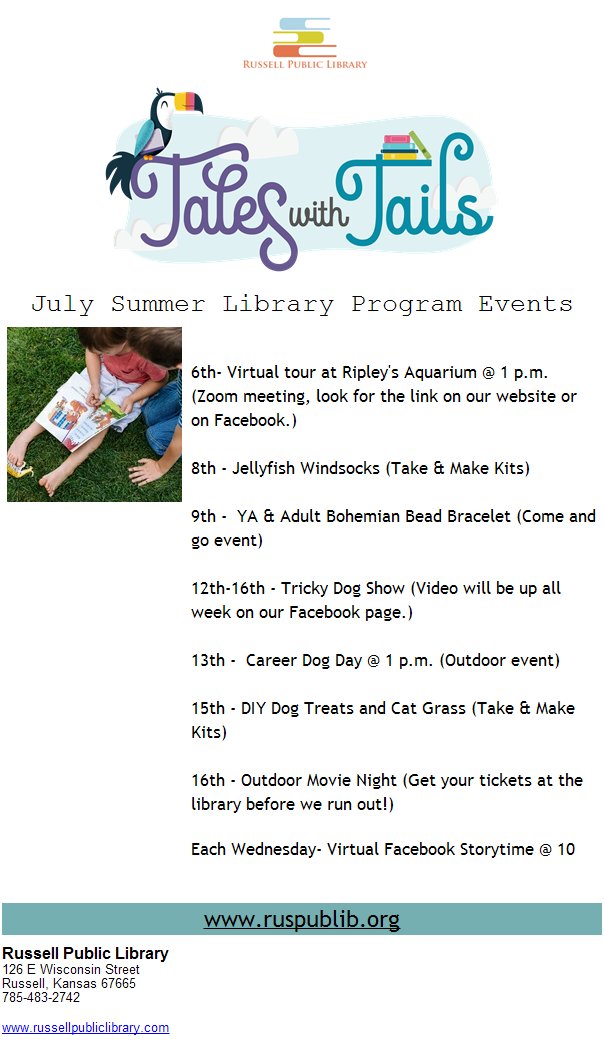 RussPubLib's tweet image. July events!  Don&apos;t miss out on all the fun! #tailsandtales #rpl #russellkansas libraryaware.com/2BZM4A