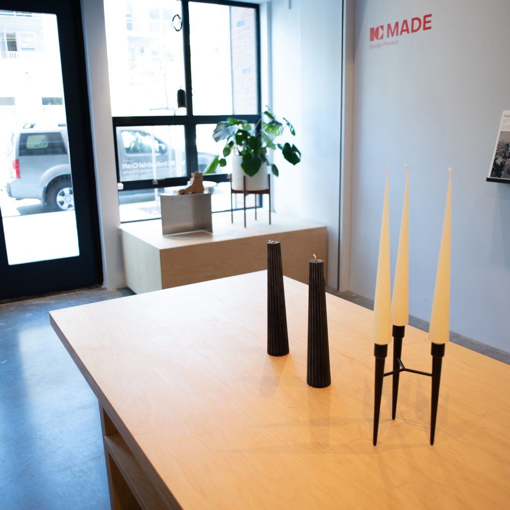 Currently on display in our studio: the Spike Candle Holder by @amanda_walther for @materdesign, candles by @greentreehomecandle, and the Rivet Side Table by @framacph. #designstudio #studiodecor #decor #interiordesign #studio #studiolife #furnituredesign #industrialdesign