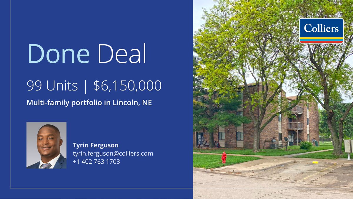 JUST CLOSED

Excited to have facilitated the closing of this transaction down in Lincoln, Nebraska.

Call me if you're interested in learning more about multifamily investing.

#CRE #Closed #ColliersInternational #Multifamily
