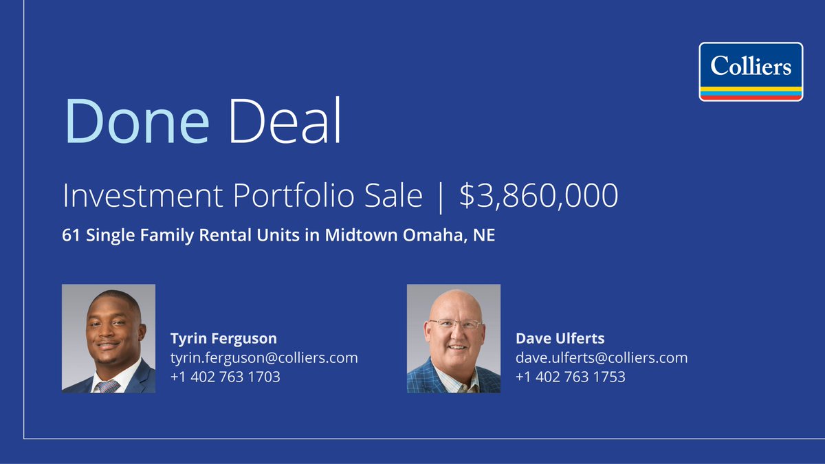 JUST CLOSED
Exciting to have facilitated the closing on this 61 Single Family Rental Units for our seller. Great working with my partner David Ulferts on our first deal together. Looking forward to taking down more with my guy going forward. 
#CRE #Closed #Omaha #Colliers
