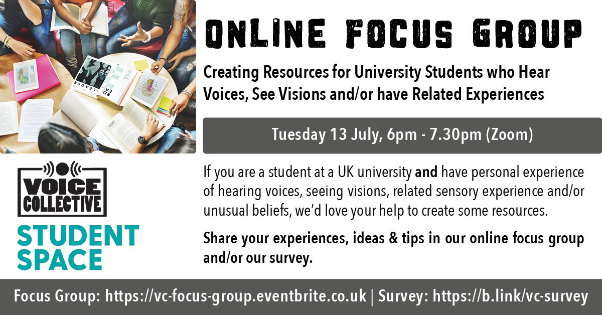 Rai Waddingham (@raiwaddingham) on Twitter photo If you're a student at a UK university & have lived experience of #hearingvoices, #visions and/or unusual beliefs, I'm running a Focus Group for
<a href="/VoiceCollective/">Voice Collective</a> & Student Space on 13 July to help shape some resources. More info: vc-focus-group.eventbrite.co.uk / b.link/vc-survey If you're a student at a UK university & have lived experience of #hearingvoices, #visions and/or unusual beliefs, I'm running a Focus Group for
<a href="/VoiceCollective/">Voice Collective</a> & Student Space on 13 July to help shape some resources. More info: vc-focus-group.eventbrite.co.uk / b.link/vc-survey