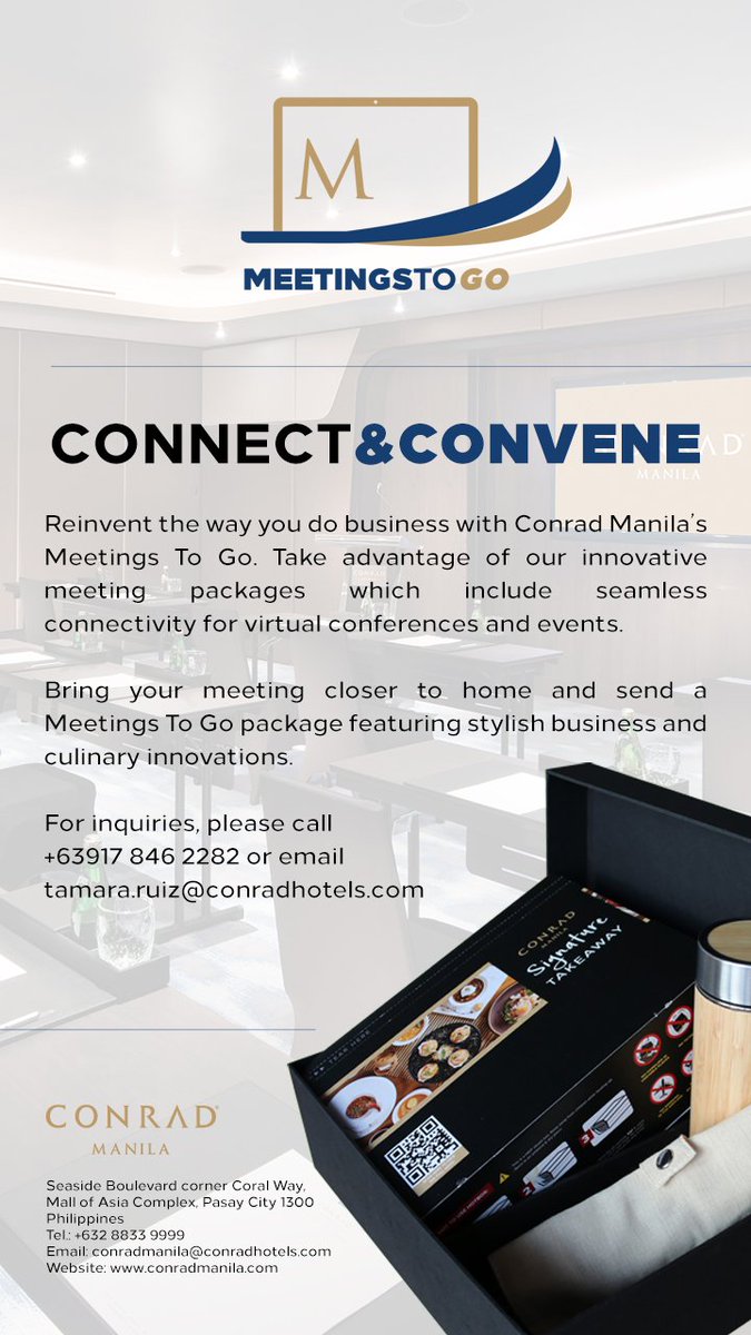 Reinvent the way you do business with Conrad Manila's Meetings To Go. Bring your meeting closer to home and send a Meetings To Go package featuring stylish business and culinary innovations. For inquiries, please call +639178462282 or email tamara.ruiz@conradhotels.com