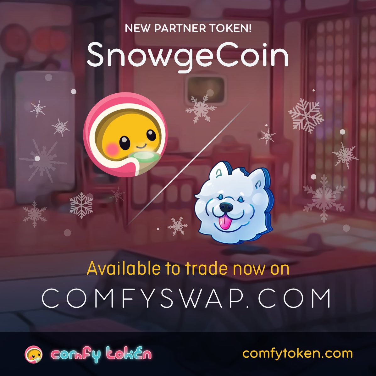 ComfyToken is pleased to announce a partnership with <a href="/SnowgeCoin/">Snowge McFloofy</a> ! $Snowge is now available on comfyswap.com with $Comfy being available on snowgecoin.com/swap respectively. We're excited for future events and partnerships! #getcomfy #staycomfy #DeFi #CryptoNews