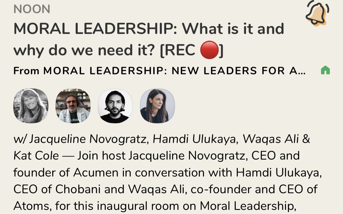 BestLiveAudio's tweet image. “MORAL LEADERSHIP: What is it and why do we need it? [REC 🔴]” 

with @jnovogratz, @hamdiulukaya, @waqasali, @KatColeATL, @Acumen @WearAtoms @Chobani 

Today, 12PM EDT @clubhouse! 

clubhouse.com/event/xlO1pNrw