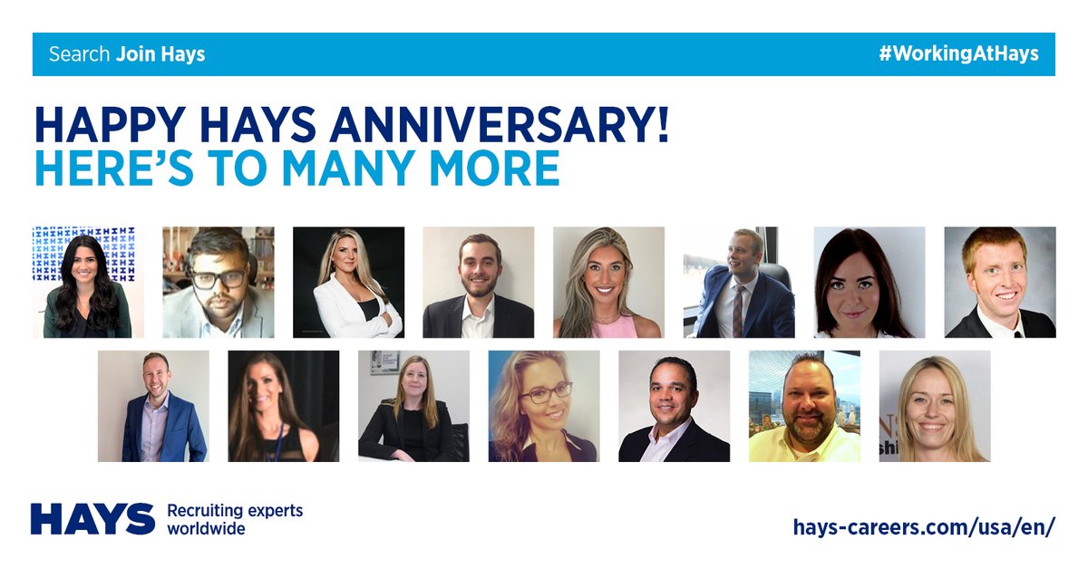 Congrats to all employees who celebrated a Hays anniversary in June: Carolyn, Samar, Stephanie, Lorie, Daniel, Hannah, James, Pamela, William, Matthew, Karli, Gemma, Michaela, David, Gene, and Kelly bddy.me/2SDIHKq #WorkingAtHays #JoinHays #LifeAtHays