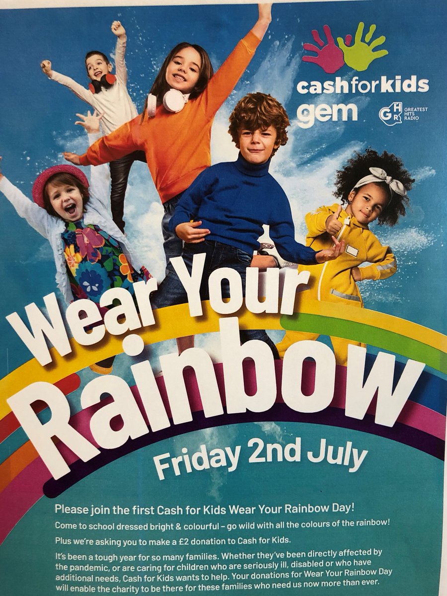 Tomorrow we will be taking part in the first Cash for Kids Wear Your Rainbow Day.  <a href="/cashforkidsMIDS/">Cash for Kids Midlands</a> is the charity of Gem Radio across the East Midlands, aiming to make a difference to the lives of disadvantaged local children. 
#WearYourRainbow put on those bright colours!