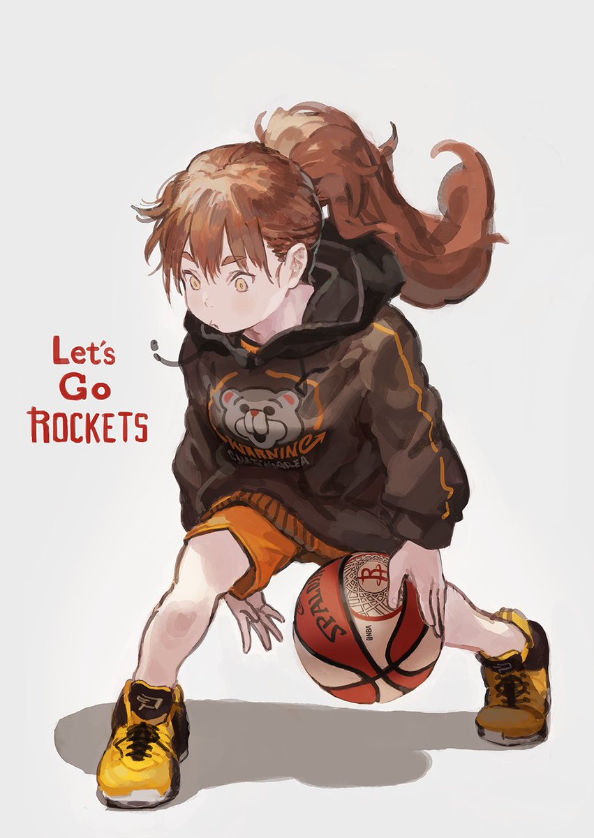 1girl solo brown hair ponytail shorts ball hood  illustration images