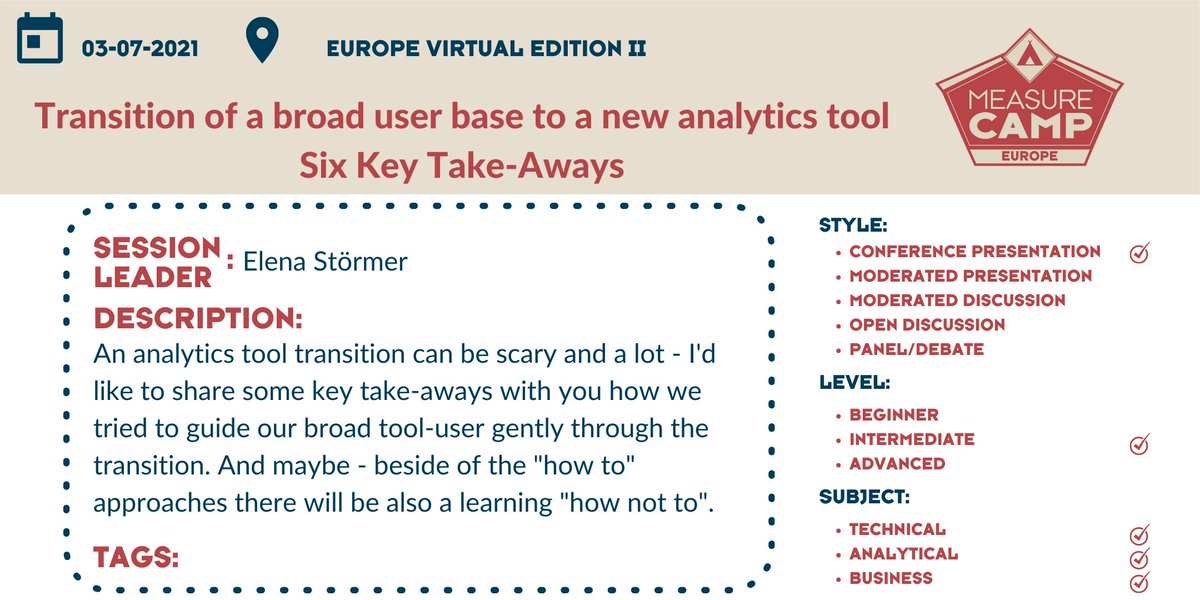 Next #MeasureCamp Europe session to introduce and this is a special one as a first time speaker. Elena Störmer (linkedin.com/in/elena-stoer…) will be sharing six key takeaways for how to help users transition to a new analytics tool including what not to do.
