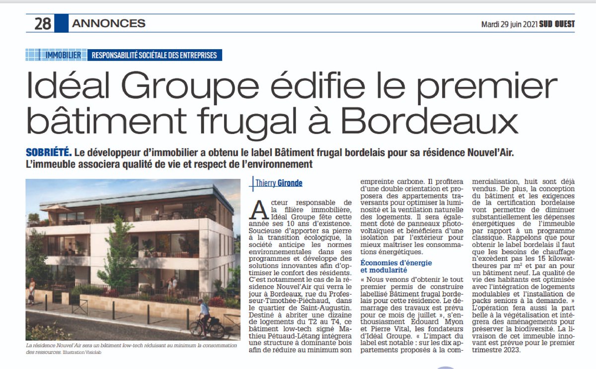 🏡 Nous sommes fiers de contribuer au développement du territoire bordelais, où nous sommes implanté depuis 10 ans, ainsi qu'au bien-être des habitants au sein de leur habitation avec notre nouveau projet NOUVEL'AIR !

#Bordeaux #RSE #immobilier